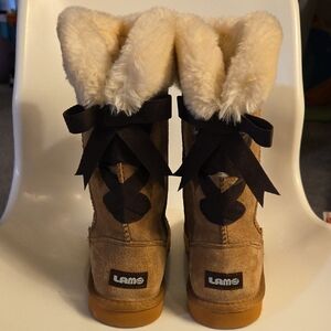 Lamo Adele Suede Women's Tan Boot with Cream Shearling and Black Ribbon